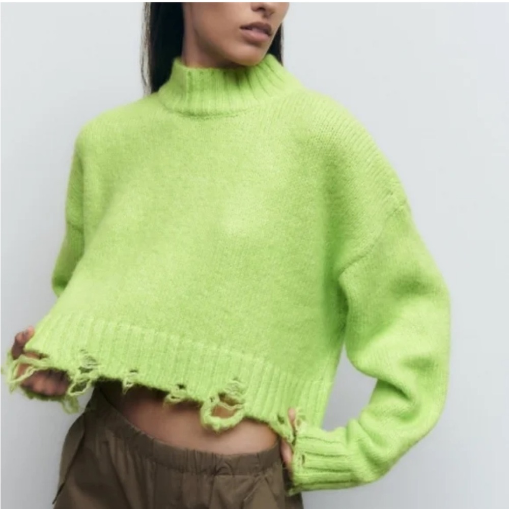 Zara neon green yellow knit distressed crop sweater S